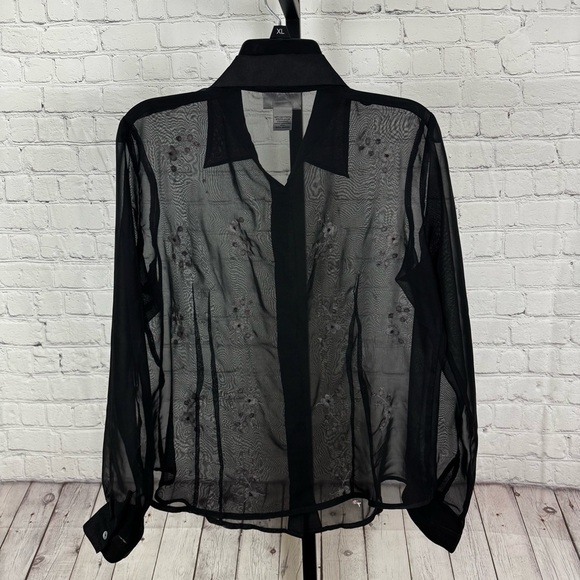 J. Marco Black Sheer Embroidered Flowers Button Down Blouse Size Large - Picture 6 of 6